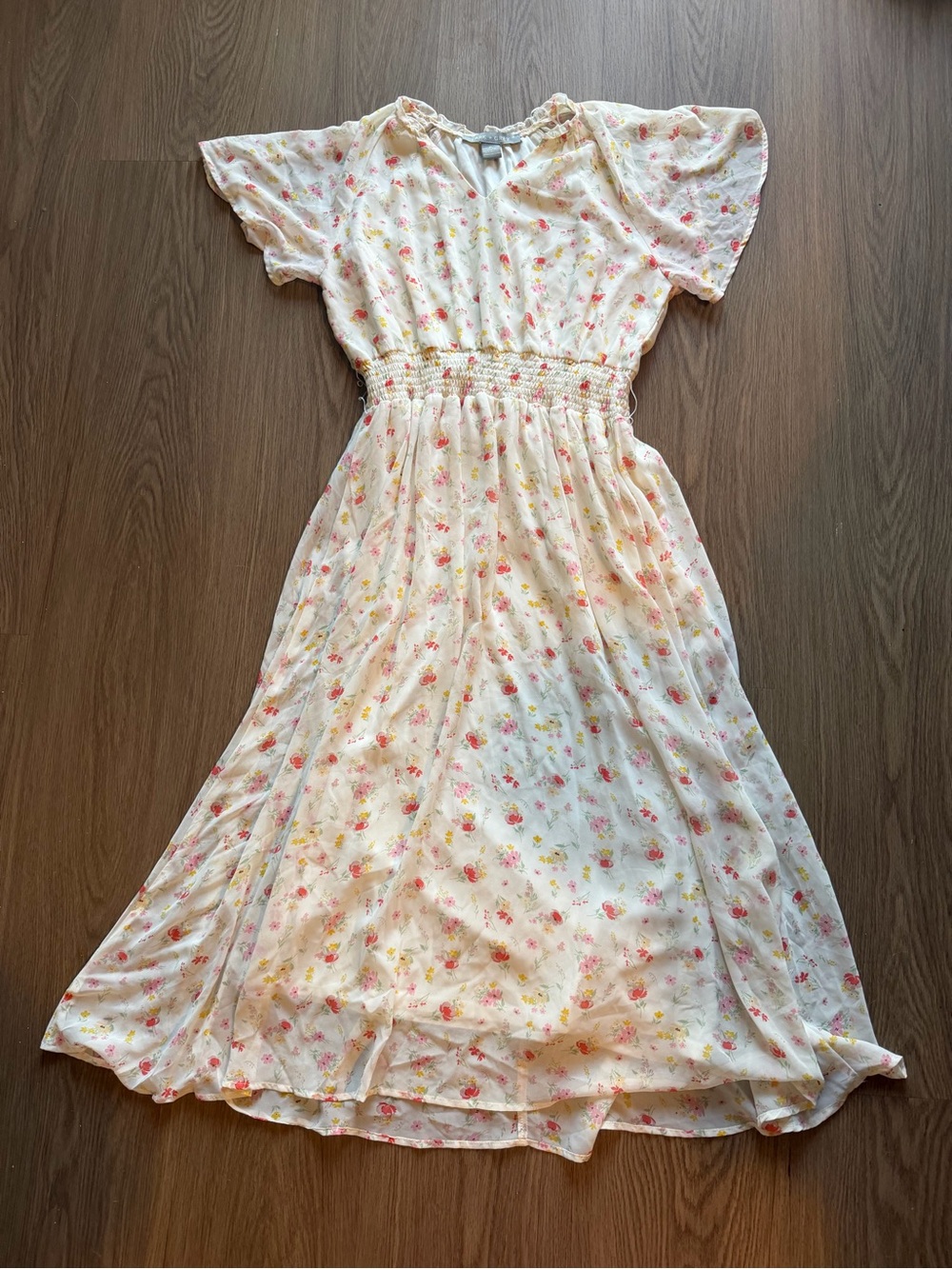 LARK + GREY Women’s XL White Floral Smocked V-Neck Short Sleeve Maxi Dress